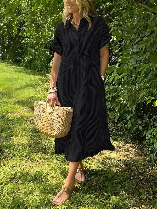Phoebe | Timeless Striped Button Front Maxi Linen Dress