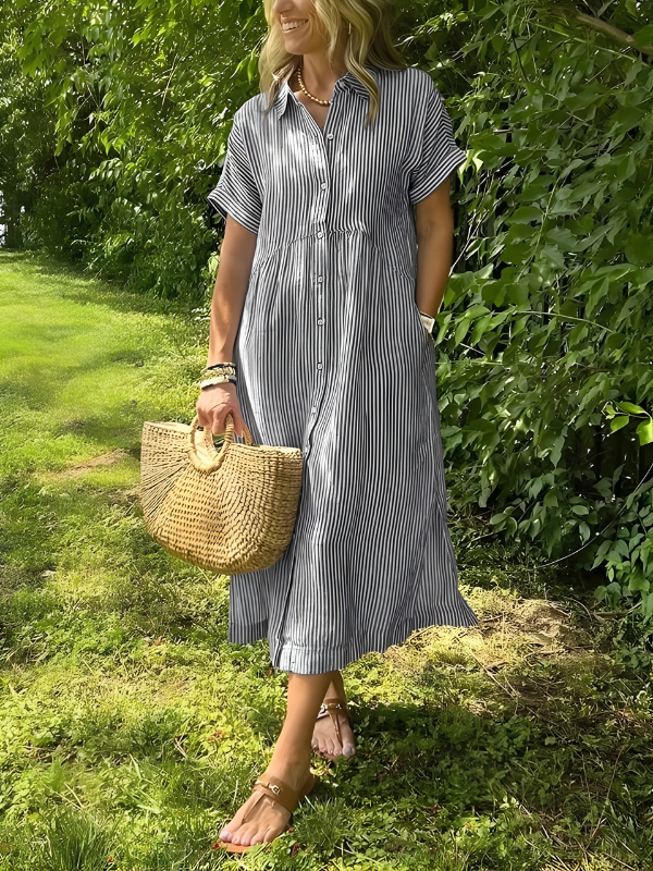 Phoebe | Timeless Striped Button Front Maxi Linen Dress