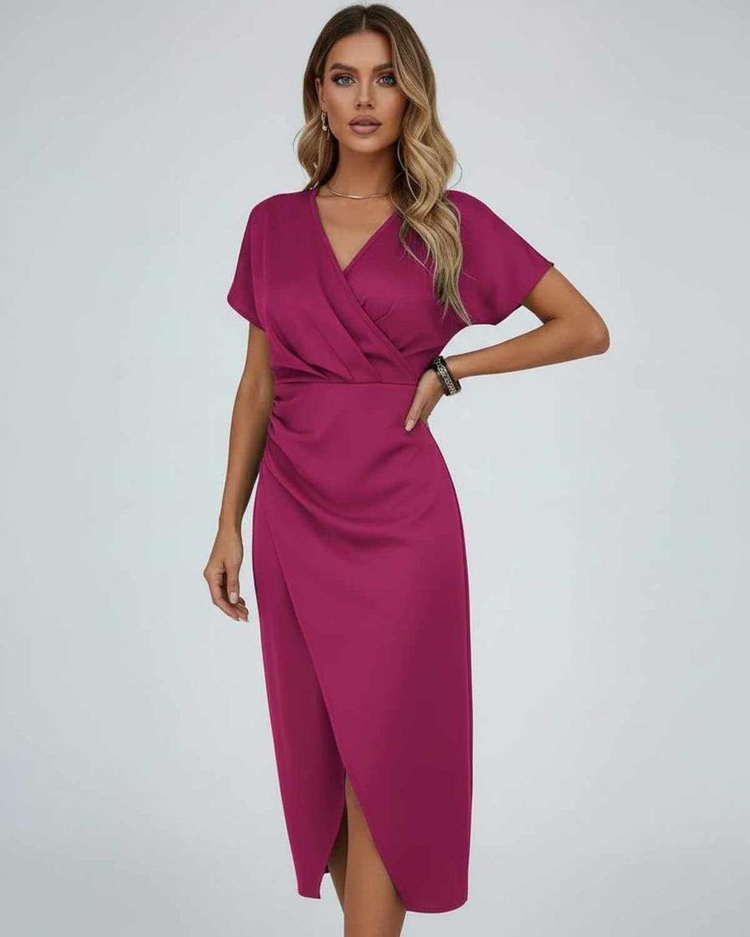Piper | Graceful Wrap Split Hem Midi Cocktail Dress