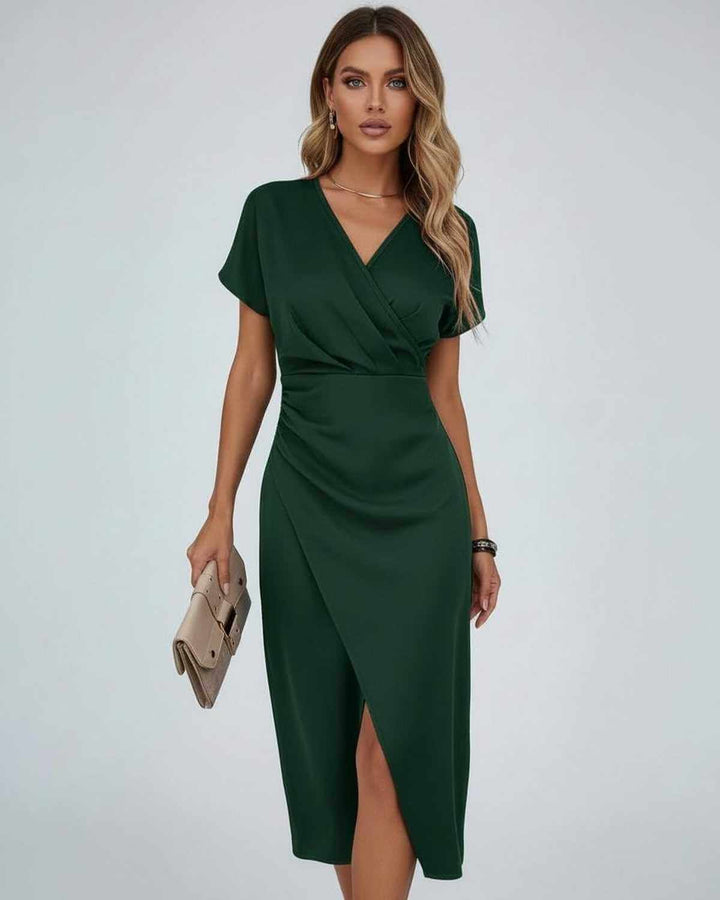 Piper | Graceful Wrap Split Hem Midi Cocktail Dress
