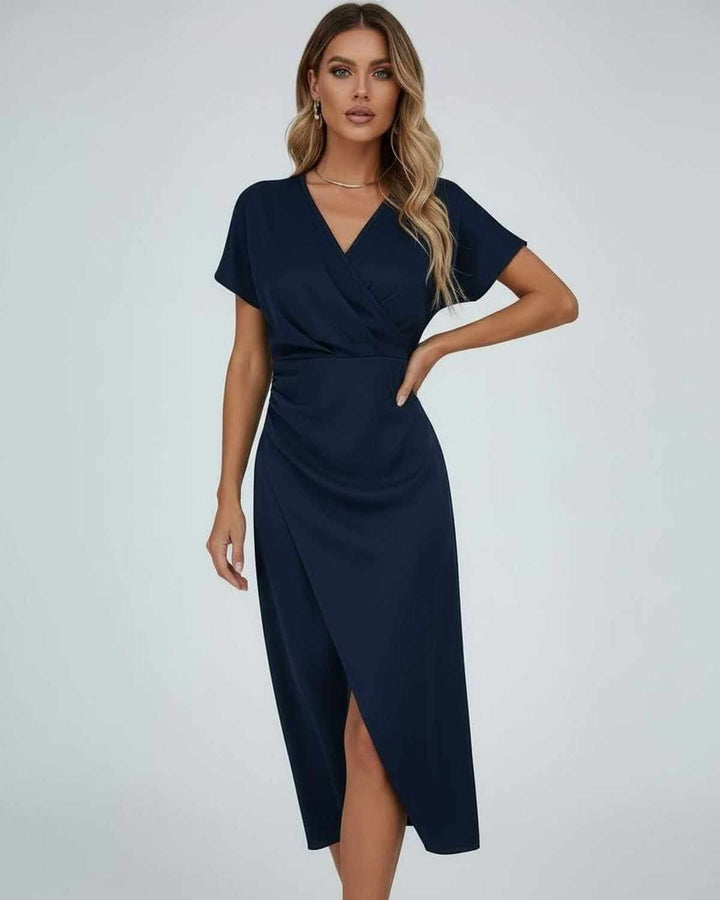 Piper | Graceful Wrap Split Hem Midi Cocktail Dress