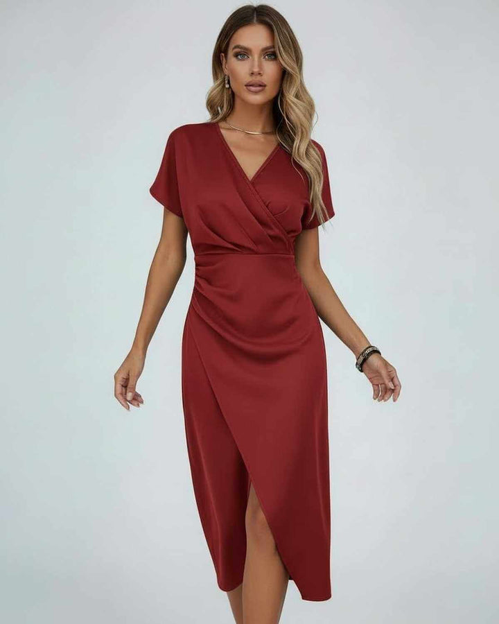 Piper | Graceful Wrap Split Hem Midi Cocktail Dress