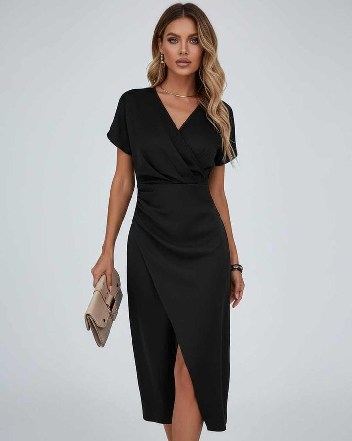 Piper | Graceful Wrap Split Hem Midi Cocktail Dress