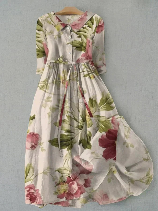 Piper | Polished Floral Print Casual Dress with Midi Length and Waist Tie