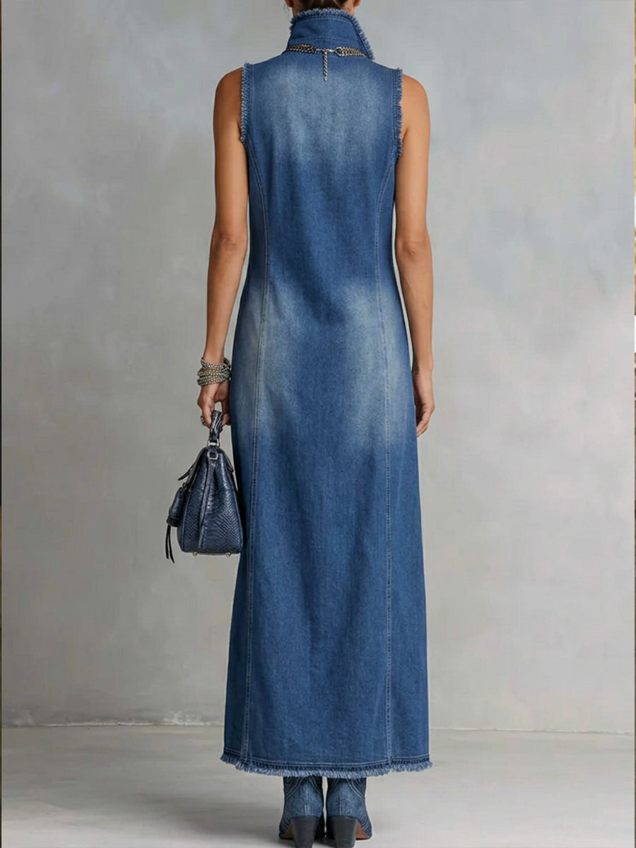Pippa | Polished High Neck Split Hem Denim Maxi Dress