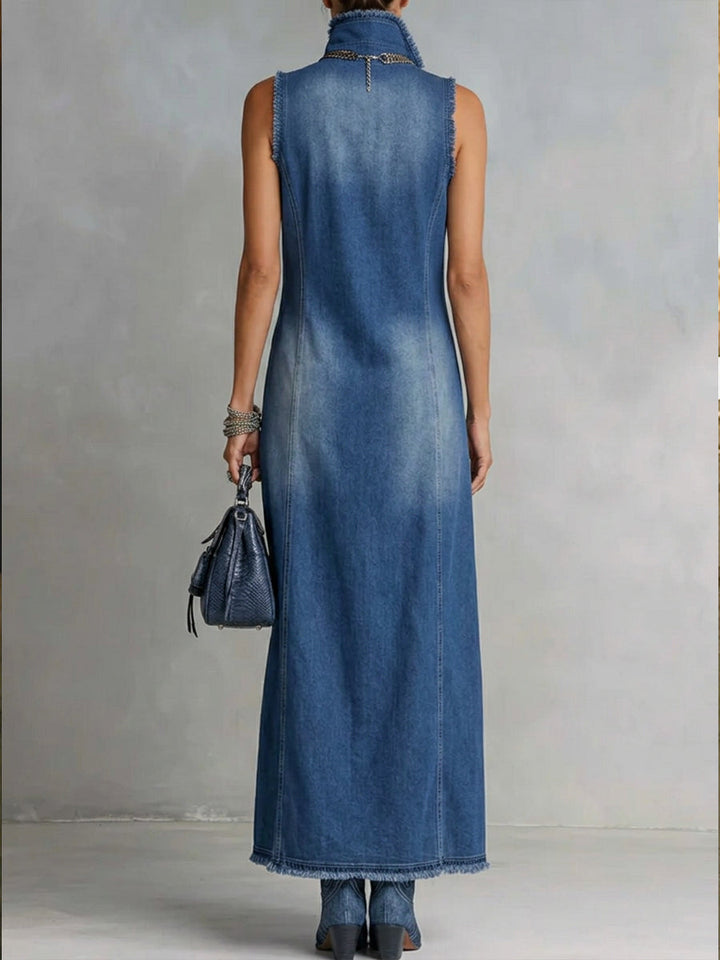 Pippa | Polished High Neck Split Hem Denim Maxi Dress