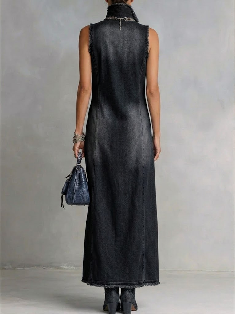 Pippa | Polished High Neck Split Hem Denim Maxi Dress
