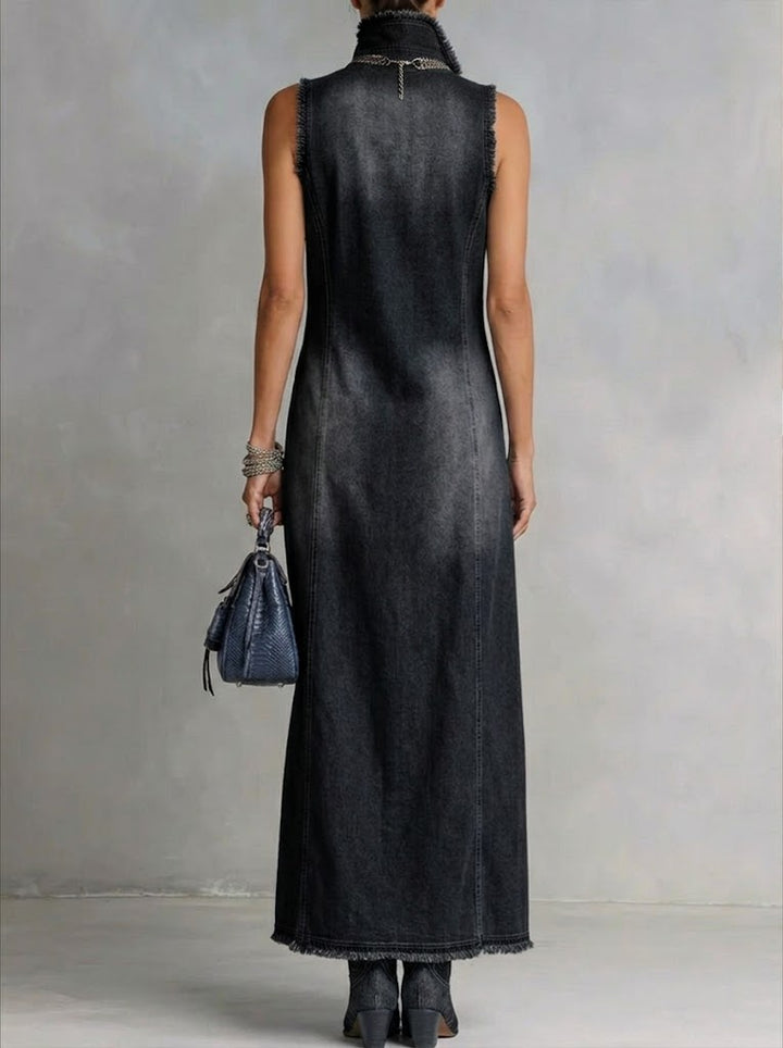 Pippa | Polished High Neck Split Hem Denim Maxi Dress