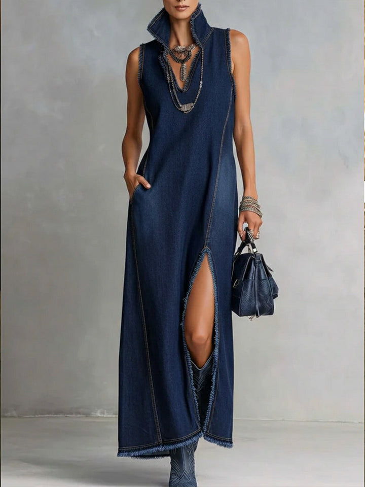 Pippa | Polished High Neck Split Hem Denim Maxi Dress