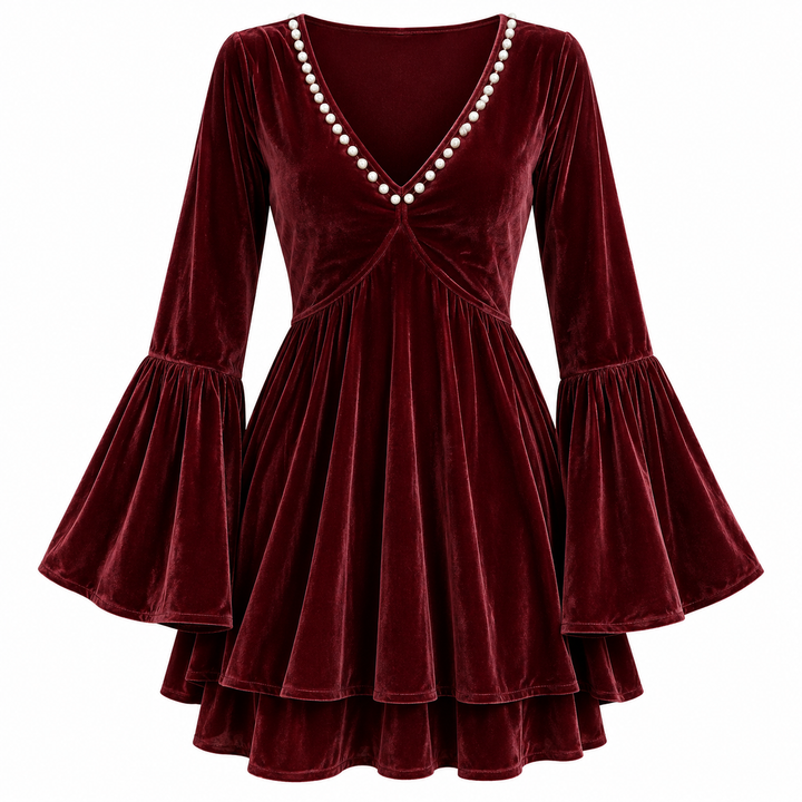 Pippa | Refined Luxe Christmas Dress with Bell Sleeves and Pearl Trim