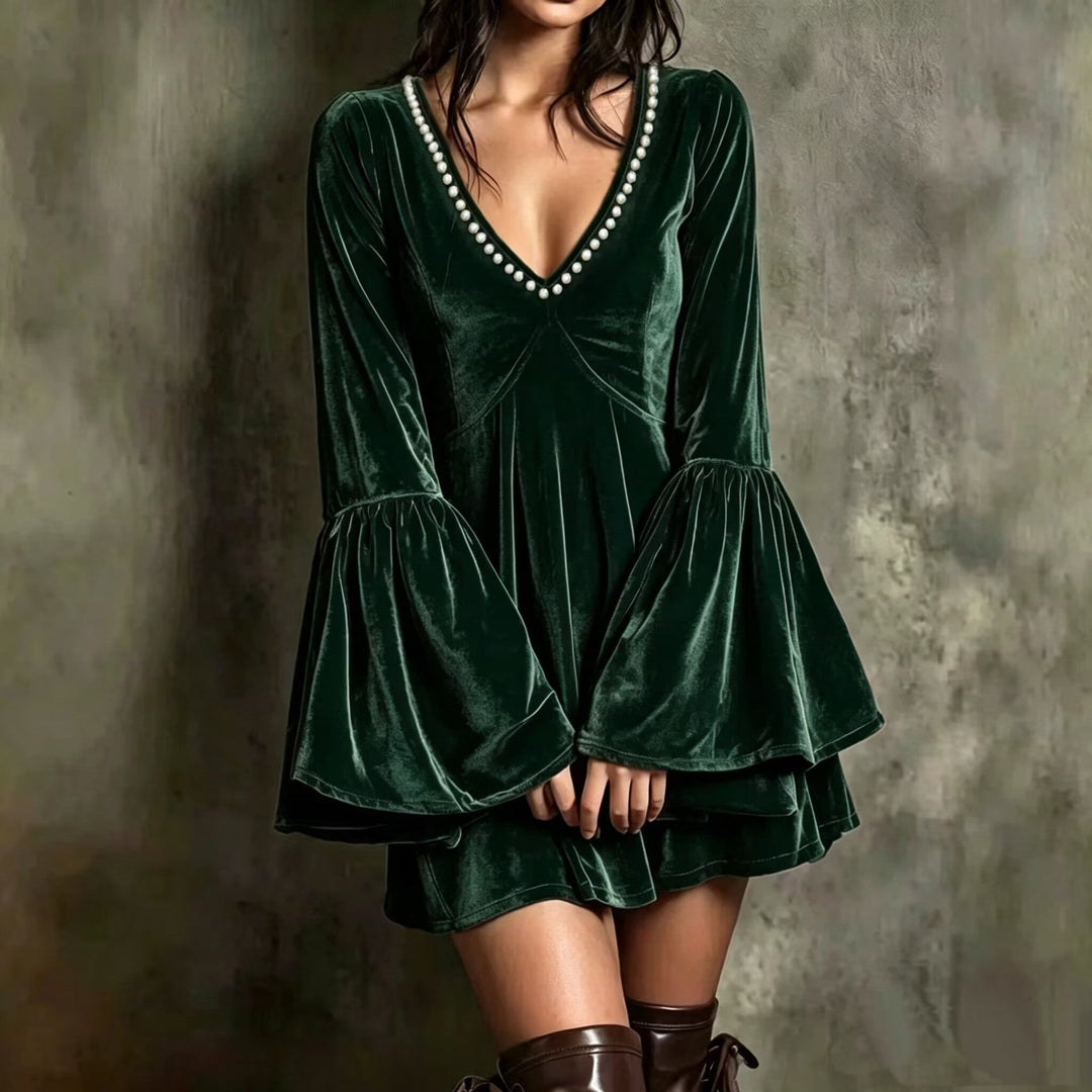 Pippa | Refined Luxe Christmas Dress with Bell Sleeves and Pearl Trim