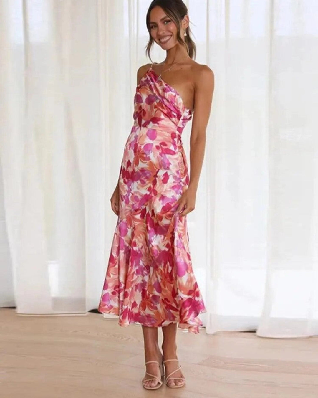 Poppy | Stylish Asymmetric Floral Print Midi Dress