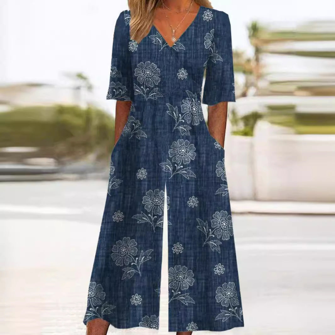 Remi | Cosy Floral Print Wide-Leg V-Neck Jumpsuit