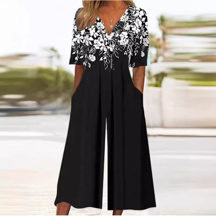 Remi | Cosy Floral Print Wide-Leg V-Neck Jumpsuit