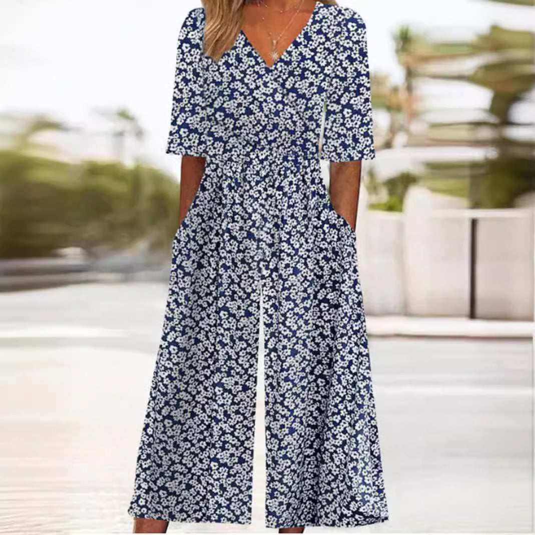 Remi | Cosy Floral Print Wide-Leg V-Neck Jumpsuit
