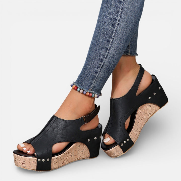 Remi | Polished Studded Open Toe Platform Wedges