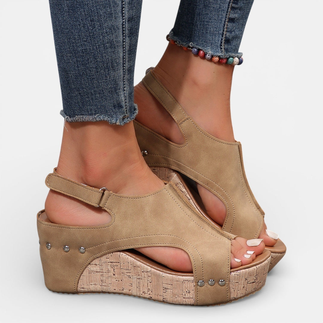 Remi | Polished Studded Open Toe Platform Wedges