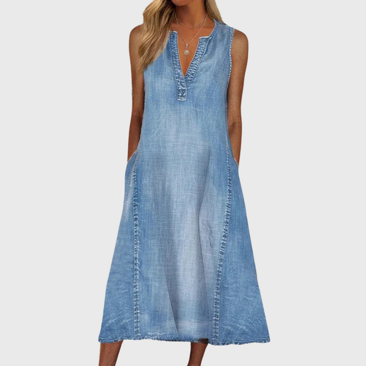 Remi | Stylish Sleeveless Split-Neck Denim Midi Dress