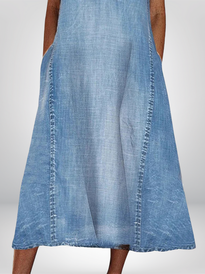 Remi | Stylish Sleeveless Split-Neck Denim Midi Dress