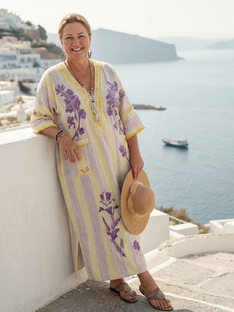 Riley | Classic Floral V Neck Maxi Linen Dress