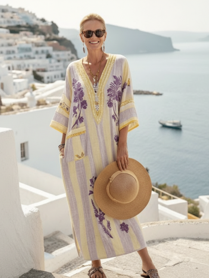 Riley | Classic Floral V Neck Maxi Linen Dress