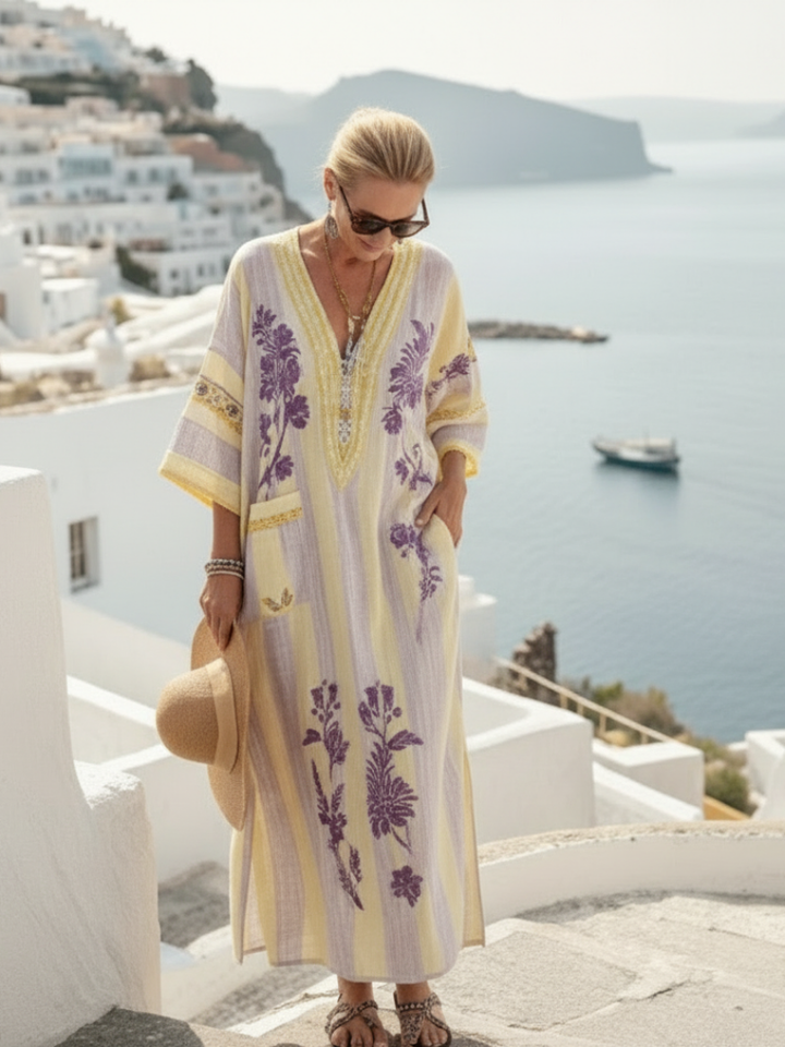 Riley | Classic Floral V Neck Maxi Linen Dress
