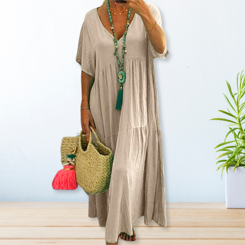 Riley | Classic V Neck Tiered Maxi Linen Dress