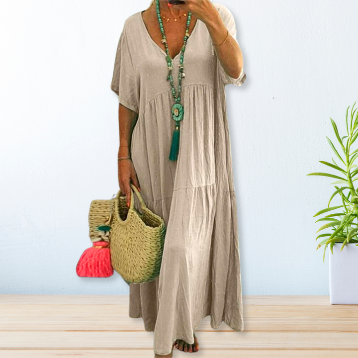 Riley | Classic V Neck Tiered Maxi Linen Dress