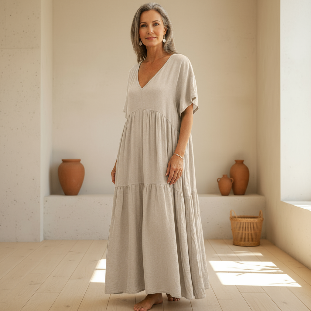 Riley | Classic V Neck Tiered Maxi Linen Dress