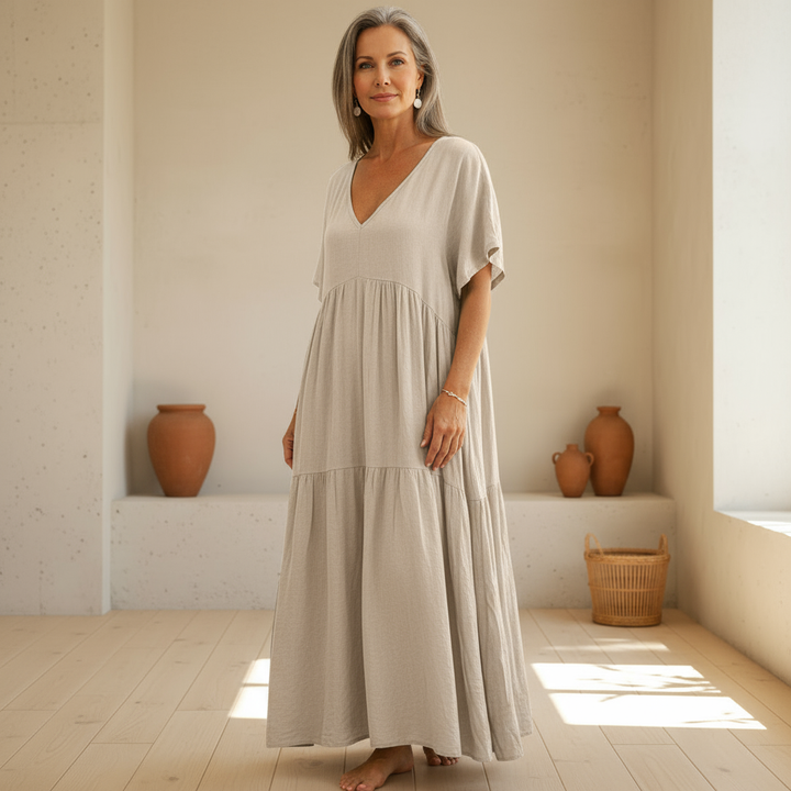 Riley | Classic V Neck Tiered Maxi Linen Dress