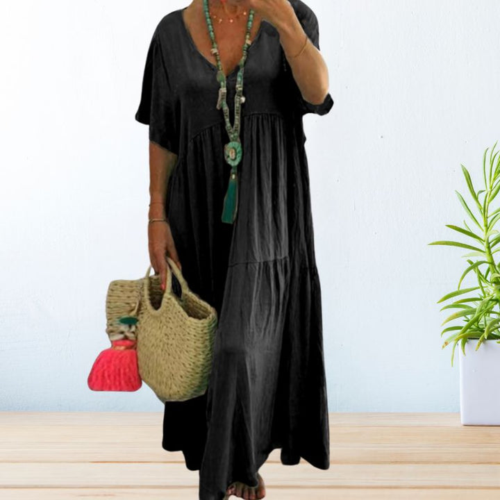 Riley | Classic V Neck Tiered Maxi Linen Dress