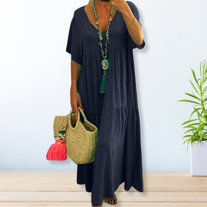 Riley | Classic V Neck Tiered Maxi Linen Dress