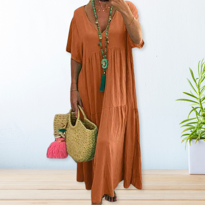 Riley | Classic V Neck Tiered Maxi Linen Dress