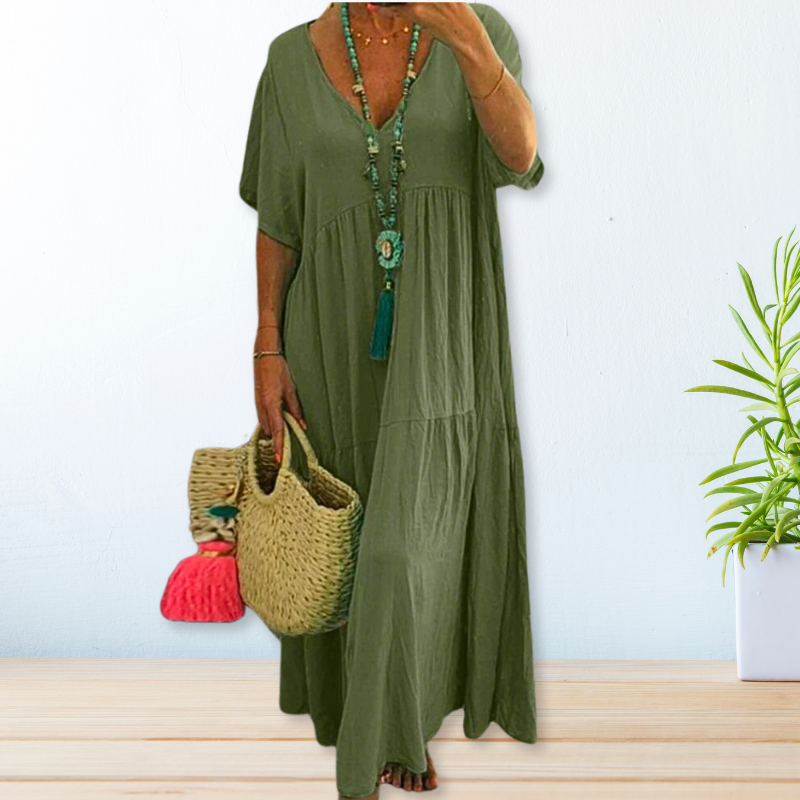 Riley | Classic V Neck Tiered Maxi Linen Dress
