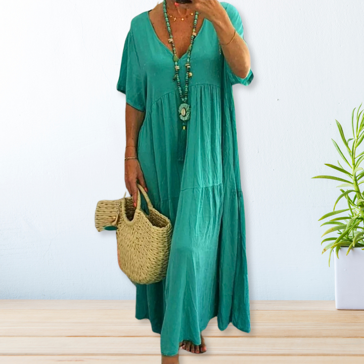 Riley | Classic V Neck Tiered Maxi Linen Dress