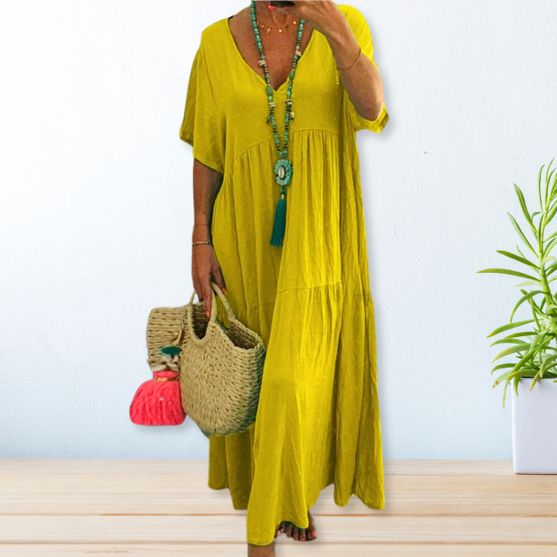 Riley | Classic V Neck Tiered Maxi Linen Dress