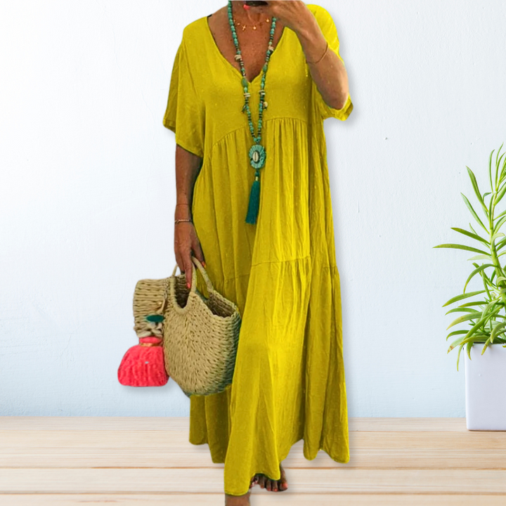 Riley | Classic V Neck Tiered Maxi Linen Dress