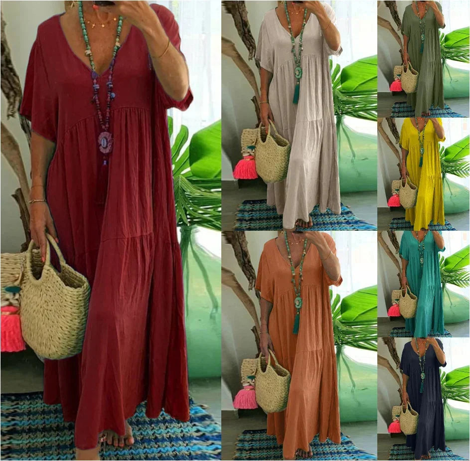 Riley | Classic V Neck Tiered Maxi Linen Dress