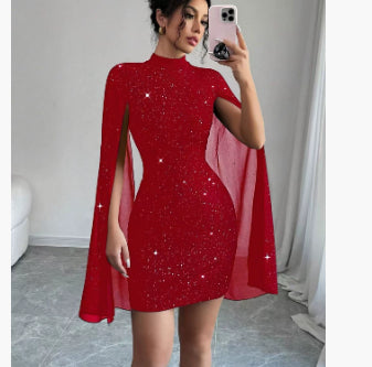 Riley | Polished Glitter Cape Sleeve Christmas Mini Dress