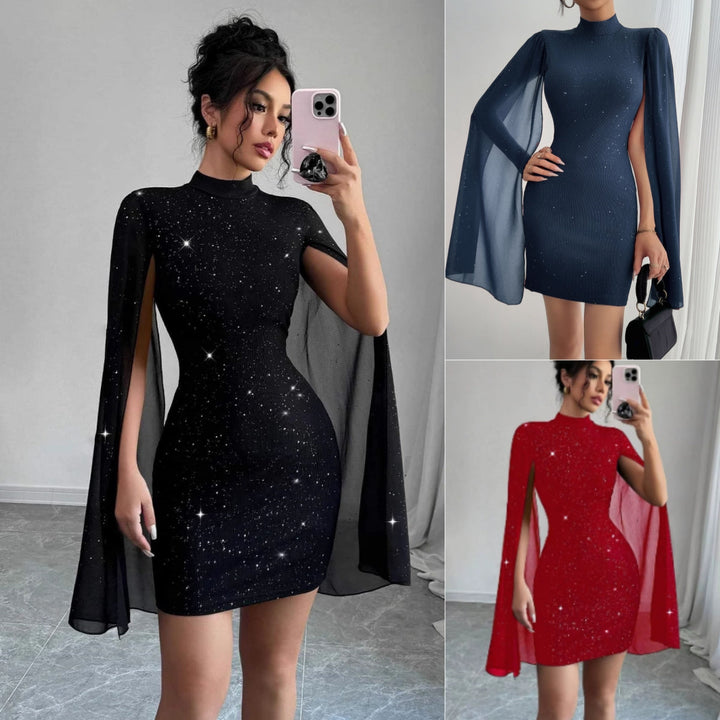 Riley | Polished Glitter Cape Sleeve Christmas Mini Dress