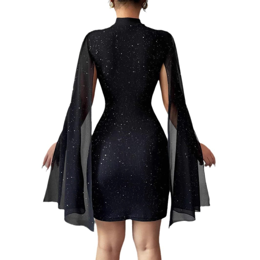 Riley | Polished Glitter Cape Sleeve Christmas Mini Dress