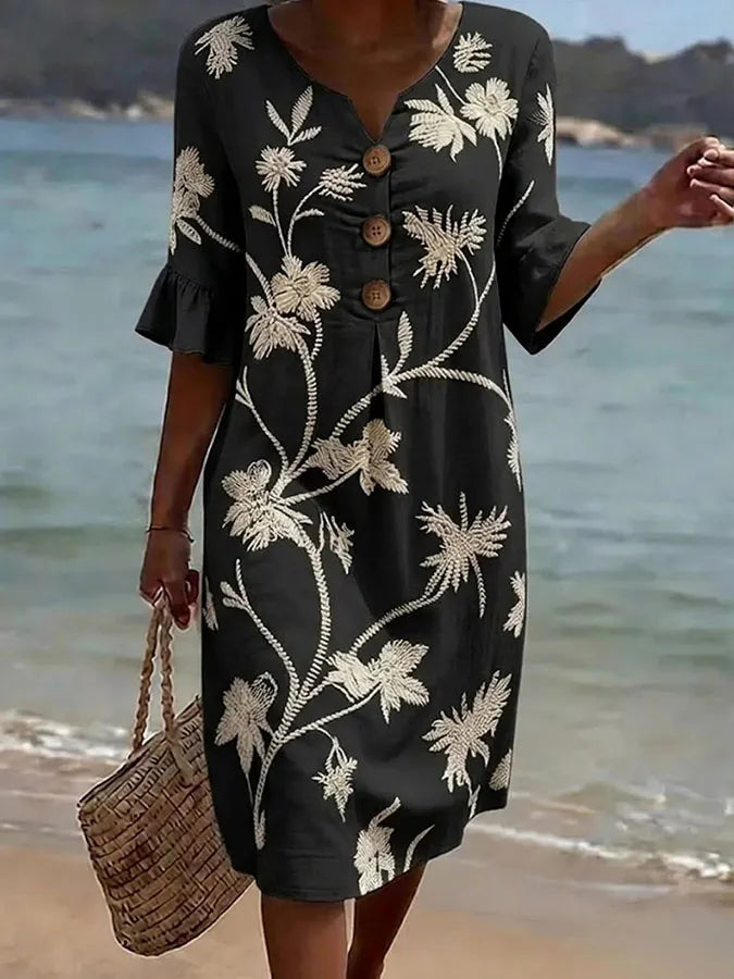 Riley | Refined Flared Sleeve Floral Midi Summer Dresses