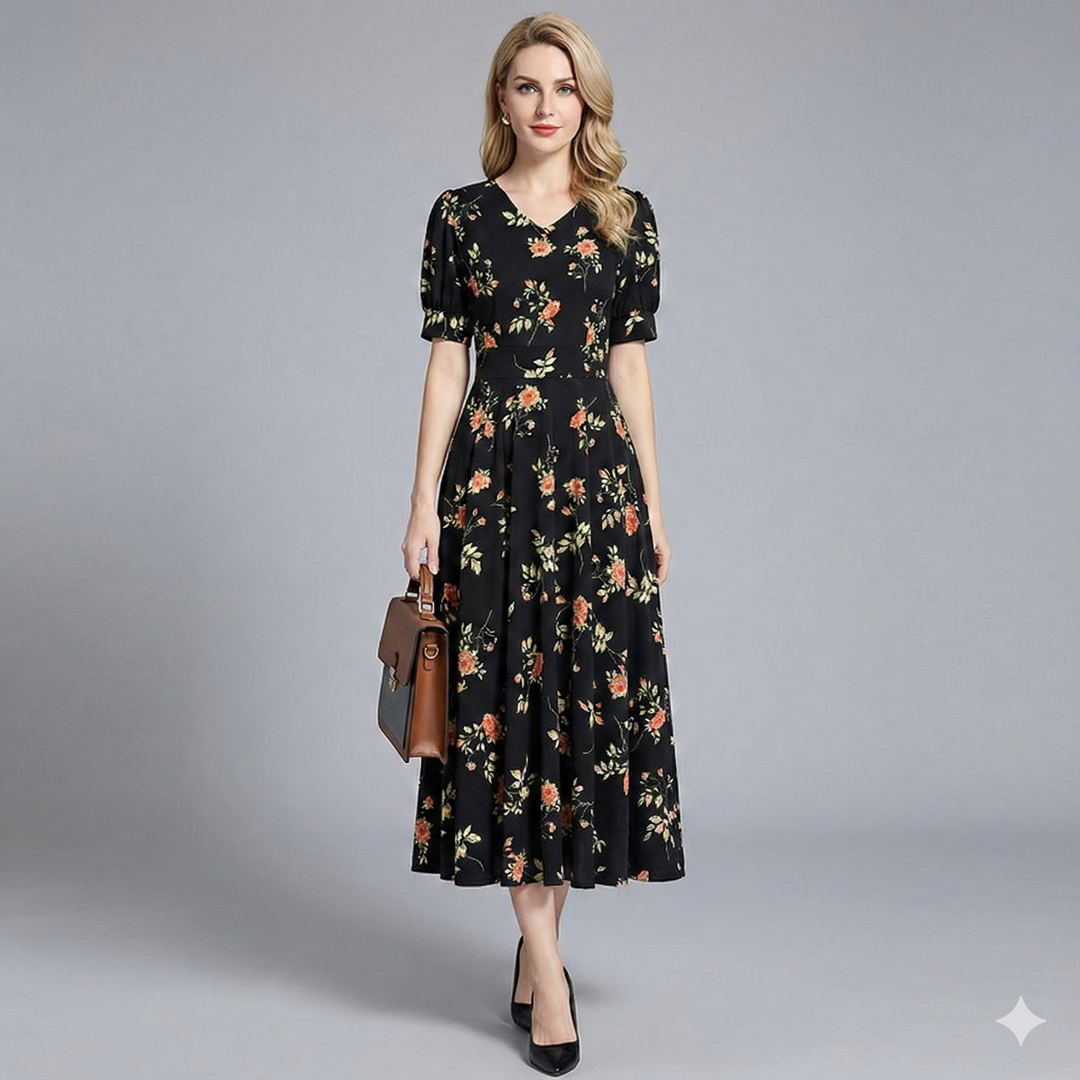 Riley | Timeless Floral V-Neck Midi Races Dress