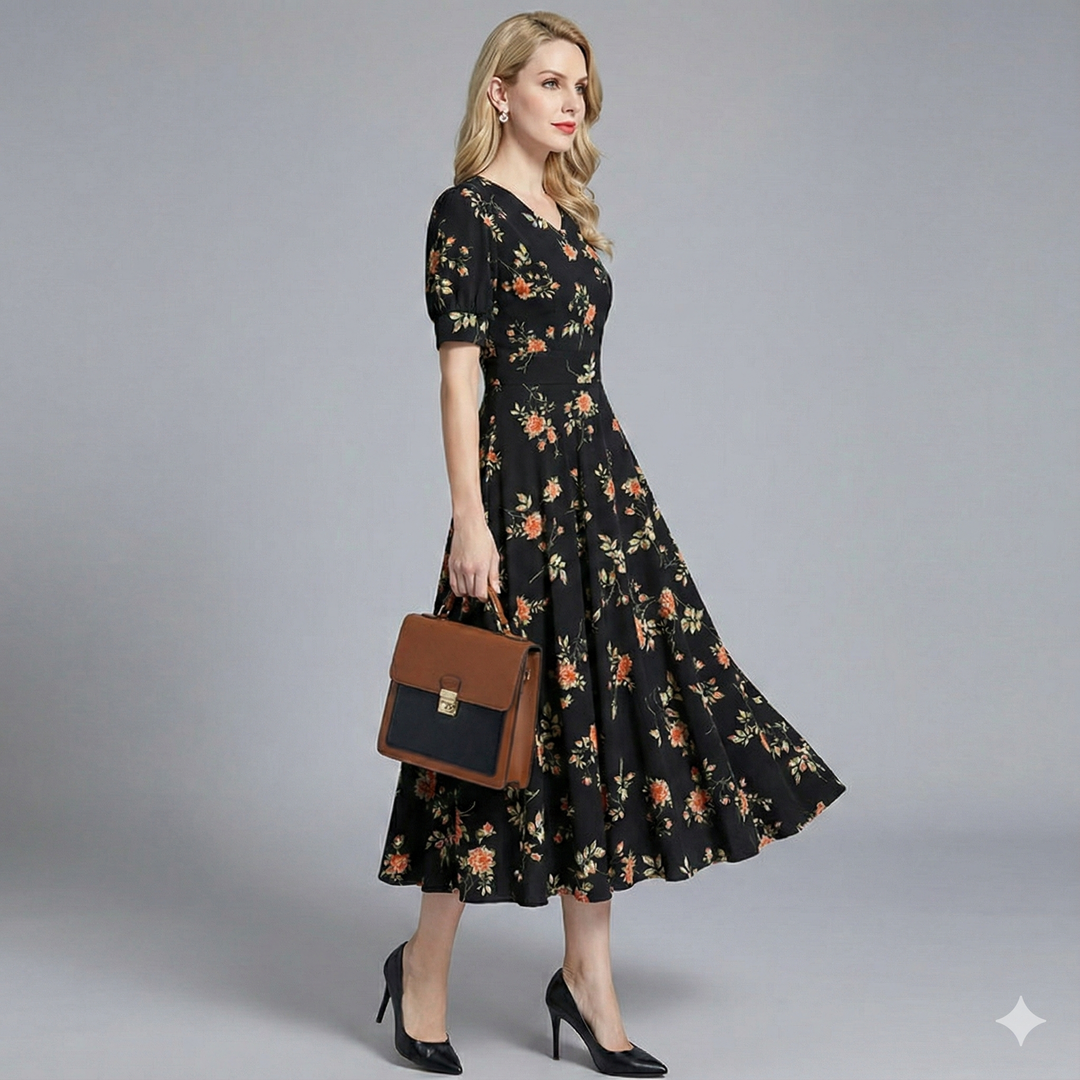 Riley | Timeless Floral V-Neck Midi Races Dress