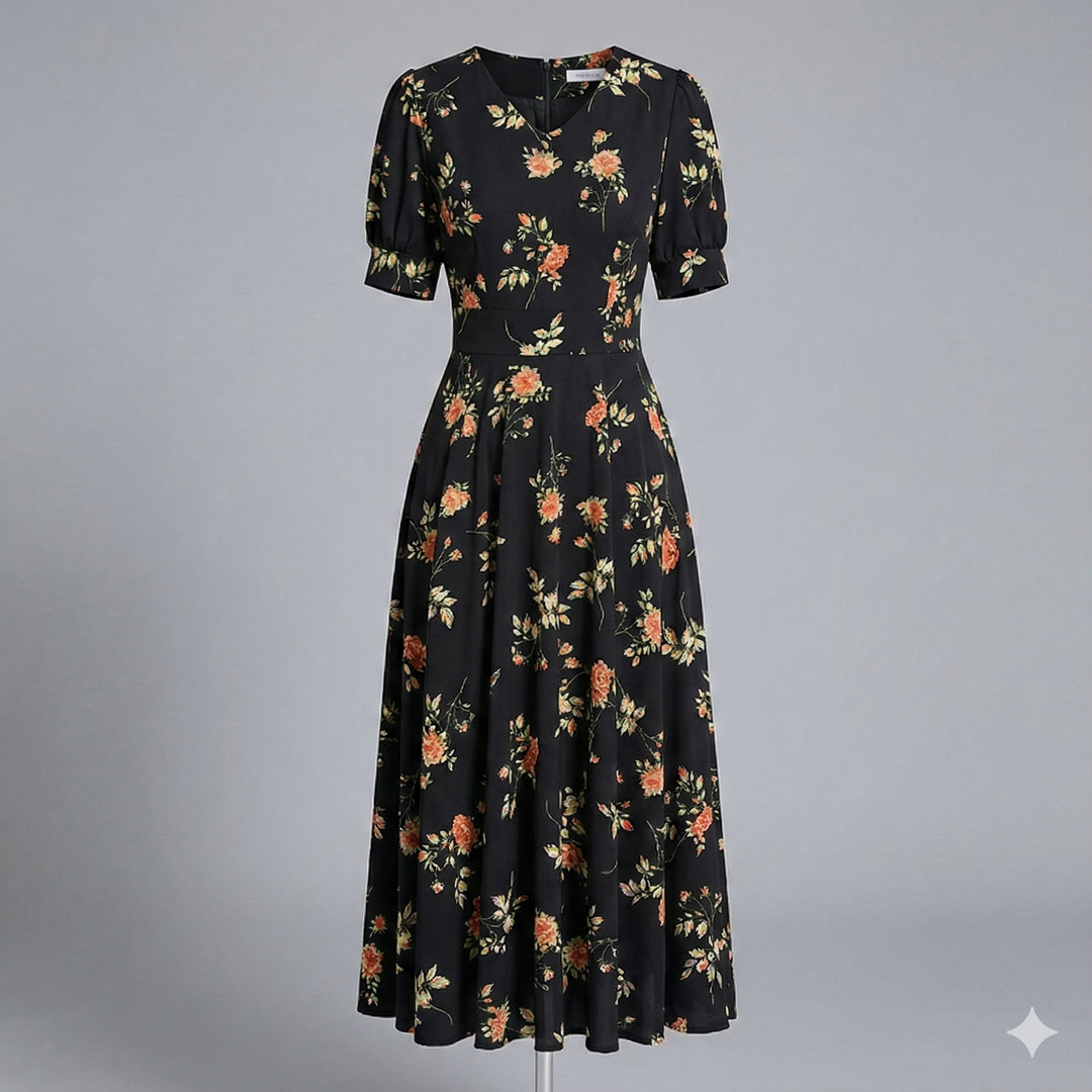 Riley | Timeless Floral V-Neck Midi Races Dress