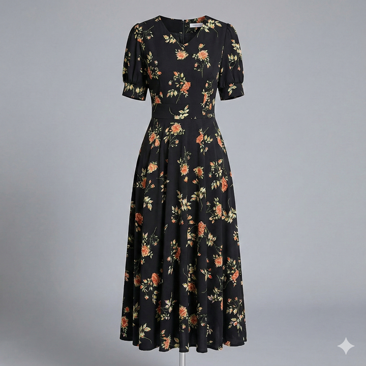 Riley | Timeless Floral V-Neck Midi Races Dress