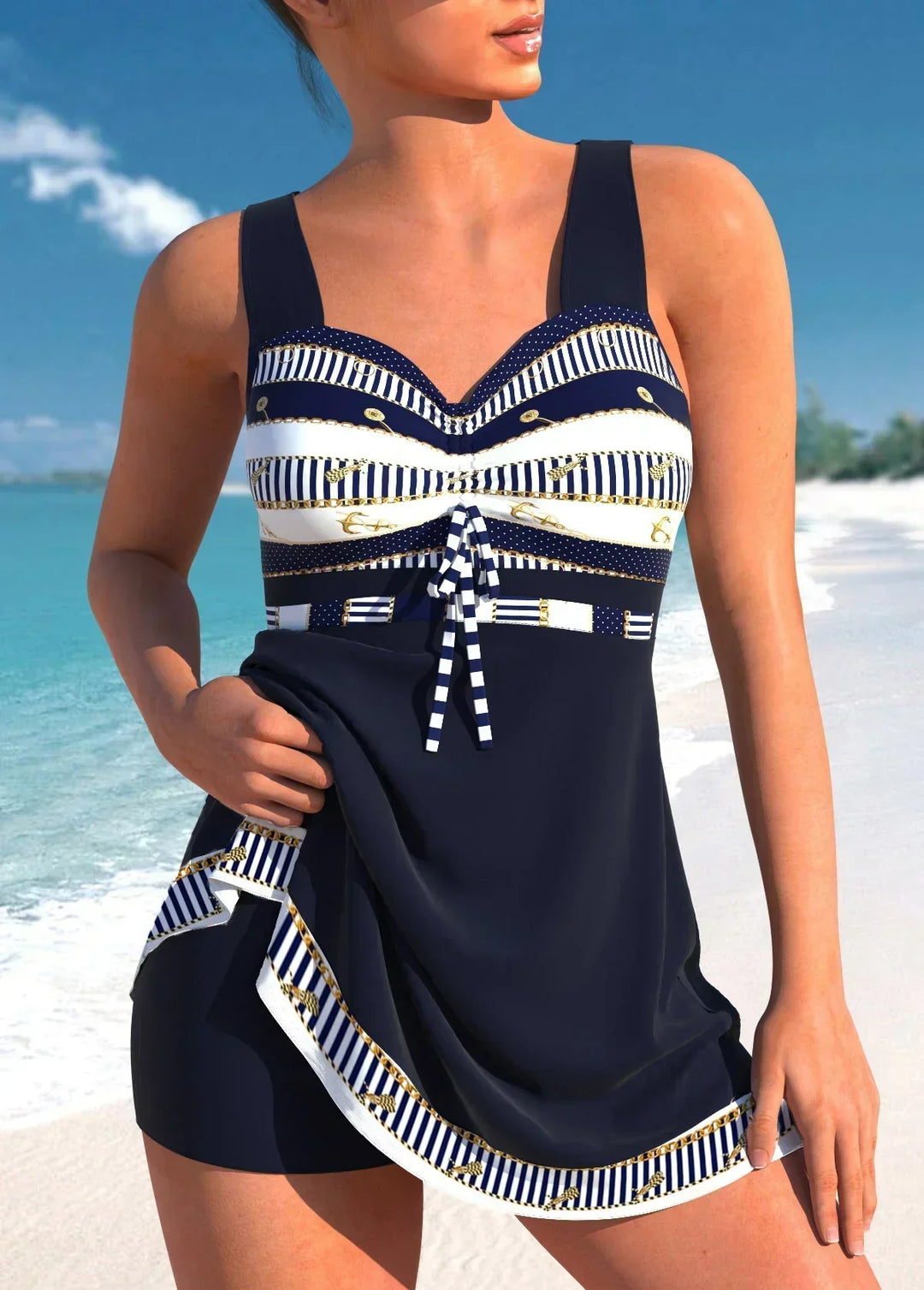 Rose | Chic Nautical Print Swim Dress with Shorts