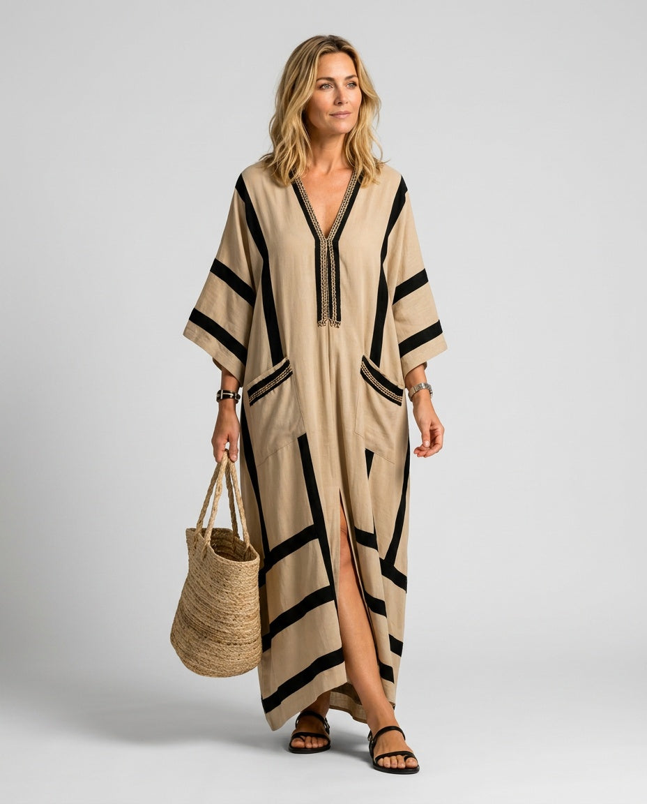 Rose | Refined Striped Trim Kaftan Beach Dress