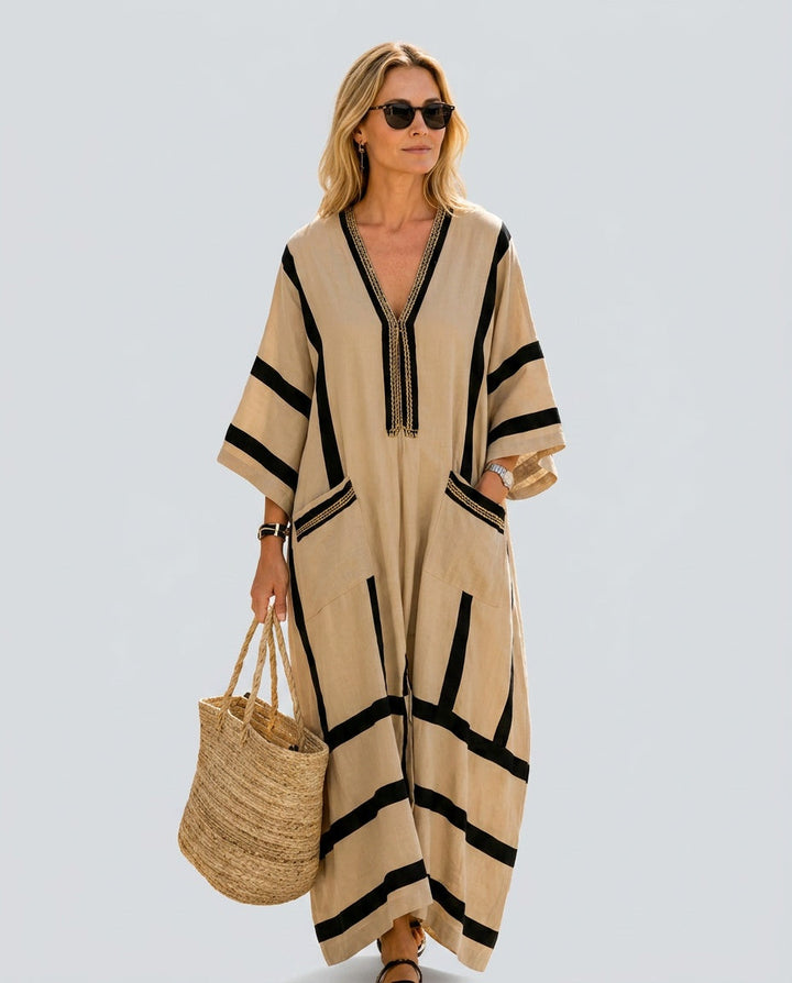 Rose | Refined Striped Trim Kaftan Beach Dress