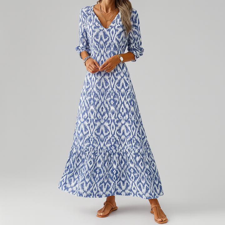Rosie | Chic Ikat Print Tiered Maxi Boho Dress